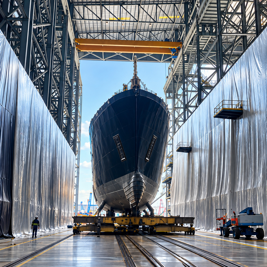 76.6 m explorer yacht in the paint shed during full fairing conversion and painting