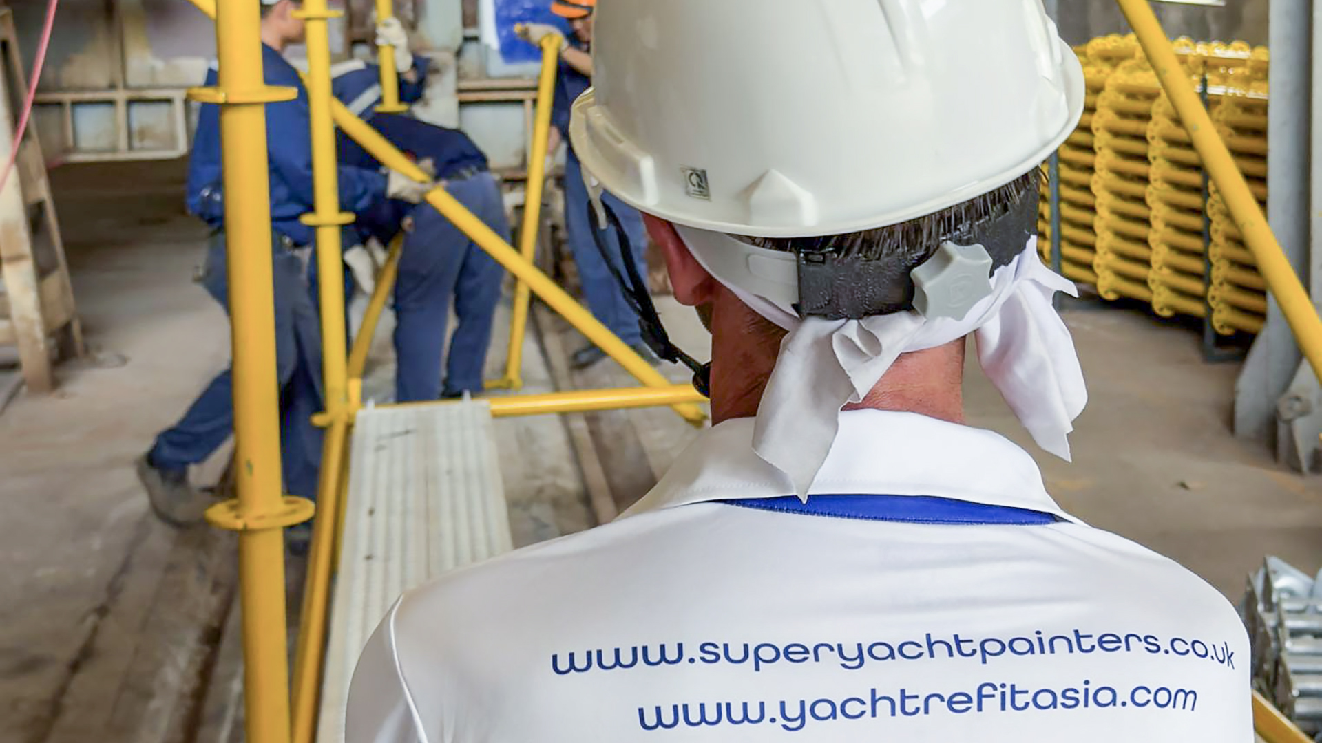 Fairing and painting works underway on a 33 m newbuild superyacht at 189 Shipyard, Hai Phong, Vietnam