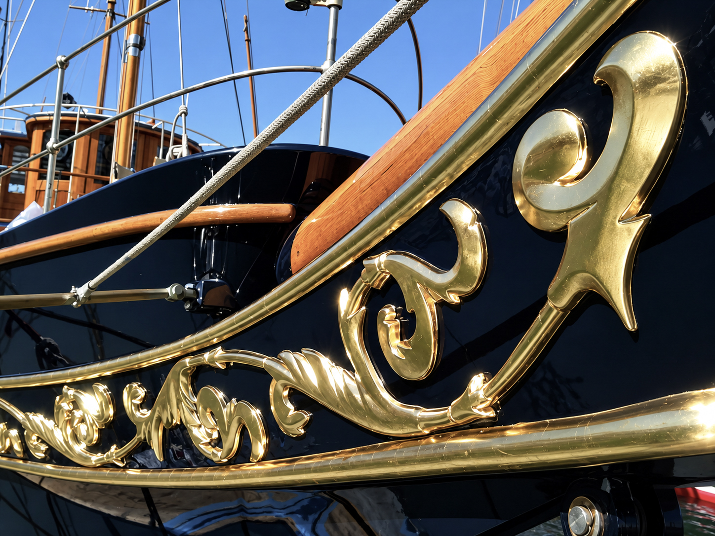 Gold trailboard scrollwork on a classic yacht hull during brush tip-off finishing