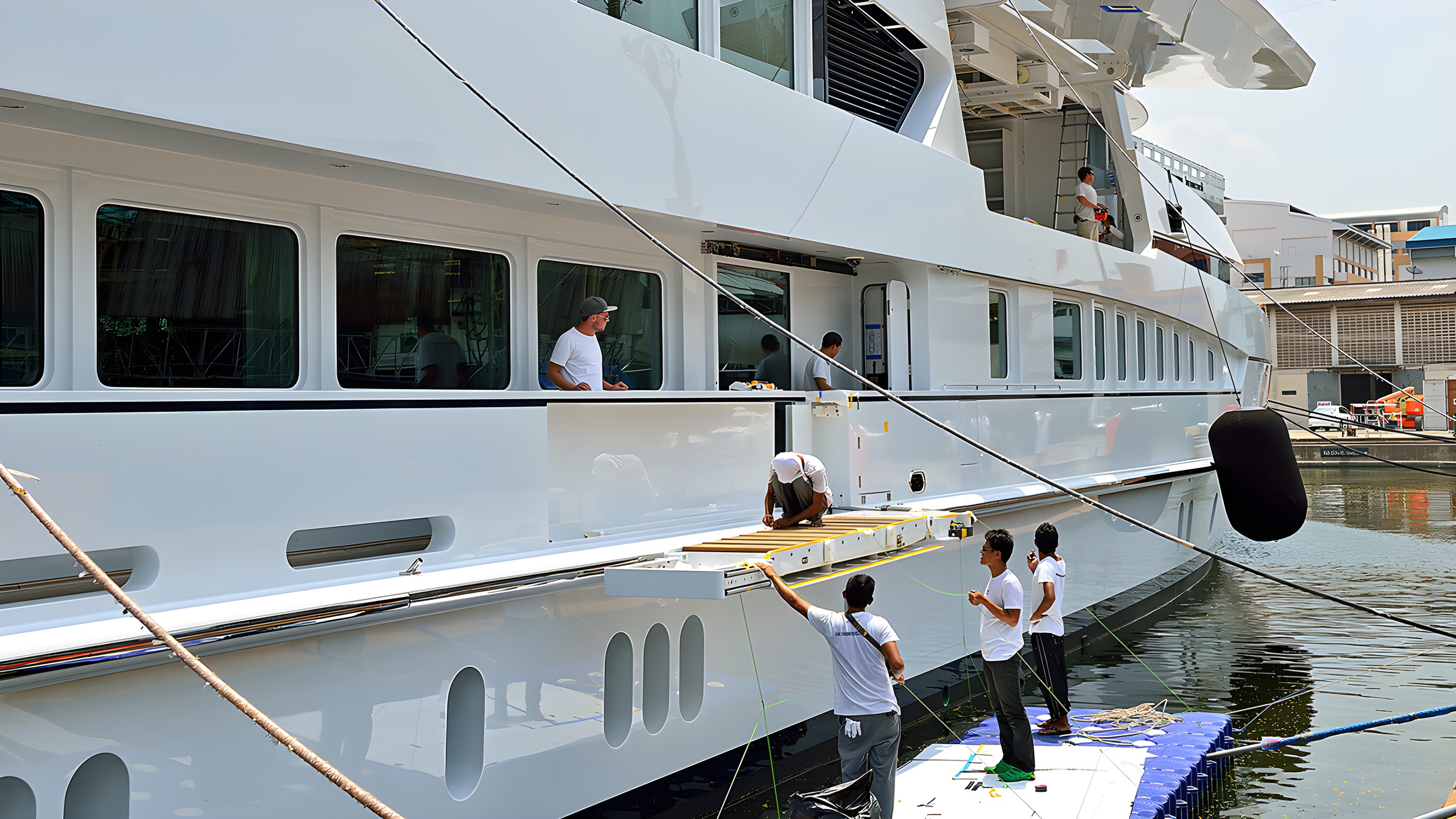 Freshly painted cabin sides on a 60 m superyacht at Bangkok Dock, Thailand
