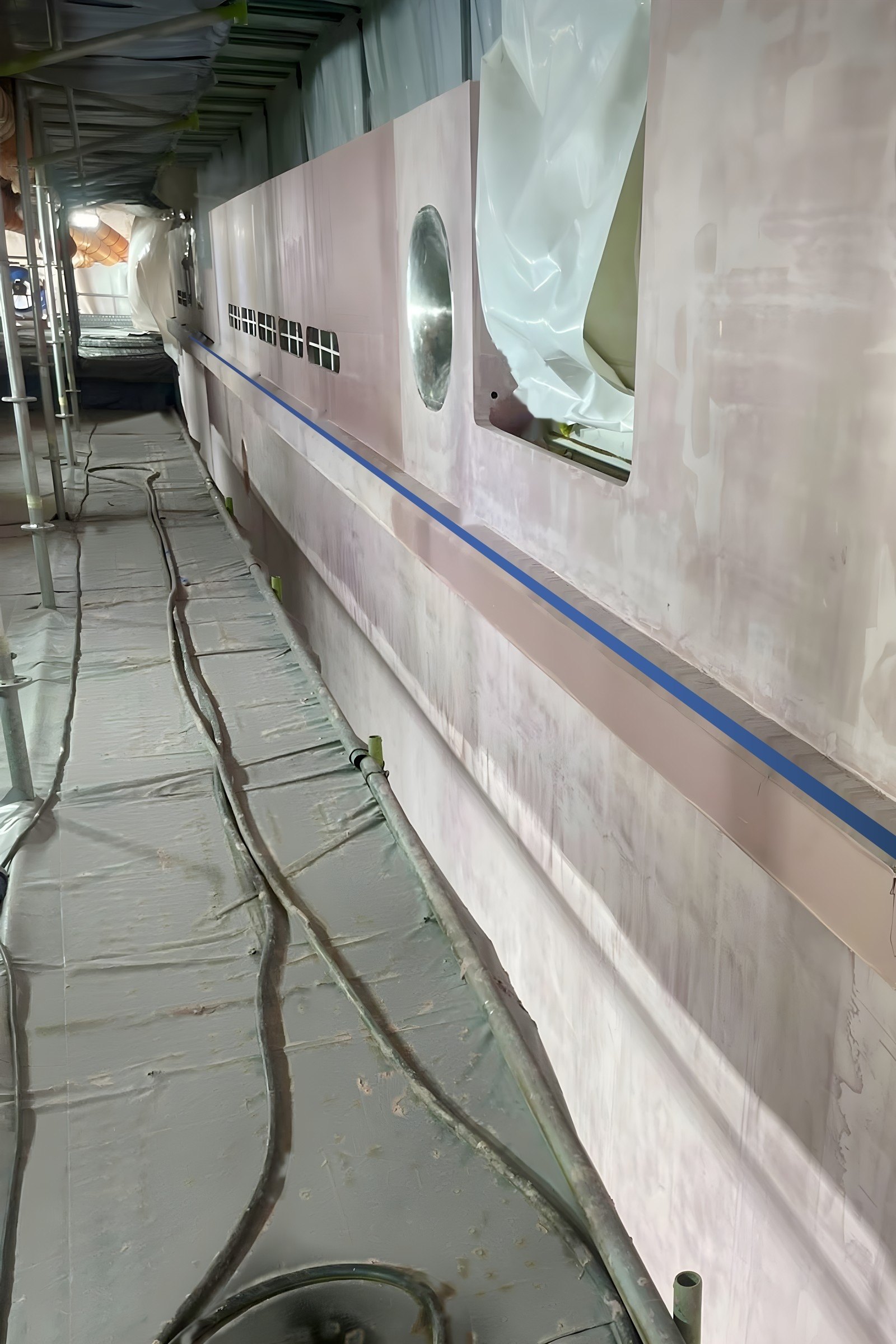 Hull fairing on a 76.6 m explorer yacht in Singapore