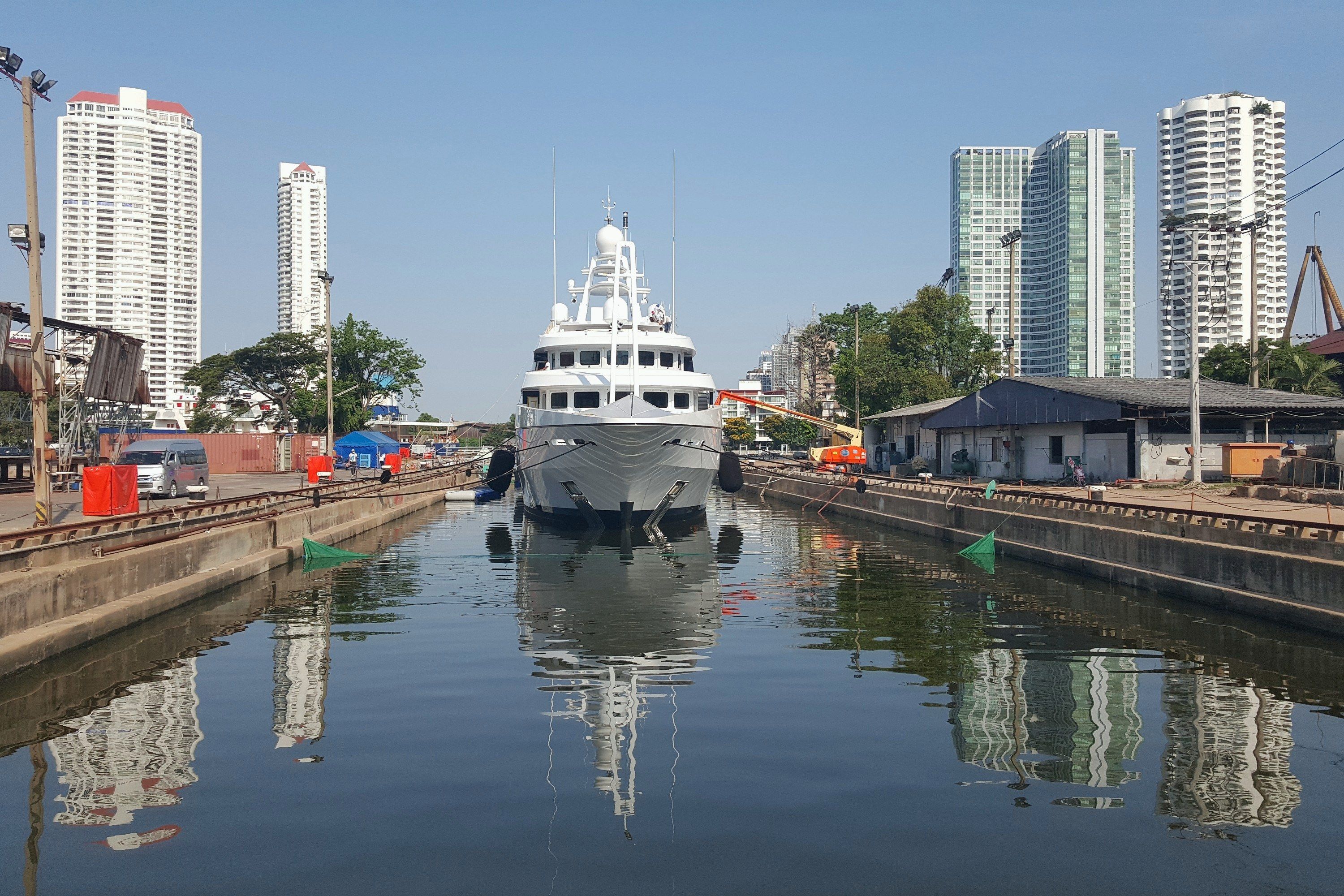 60 m Oceanco bow in dry dock at Bangkok Dock, Thailand