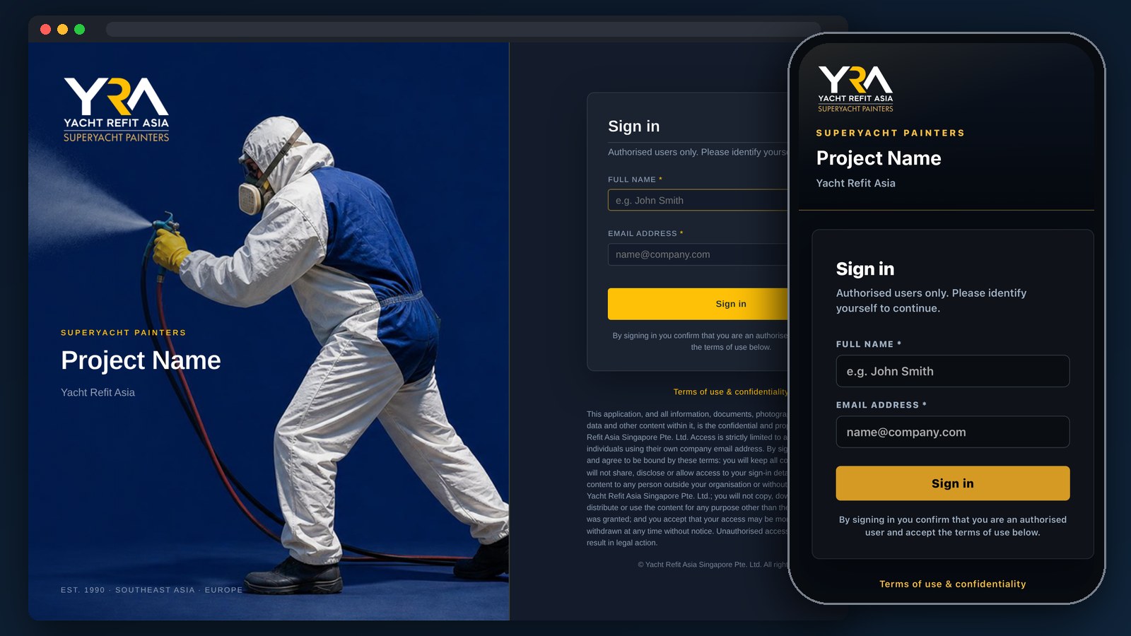 Yacht Refit Asia project status sign-in on a computer and a phone